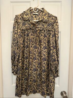 Yellow and Navy Floral Ruffle Tunic Dress